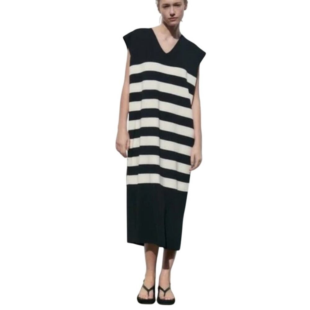 Zara Striped Knit Midi Dress XS Black Cream Oversized V-Neck Neutral Minimalist